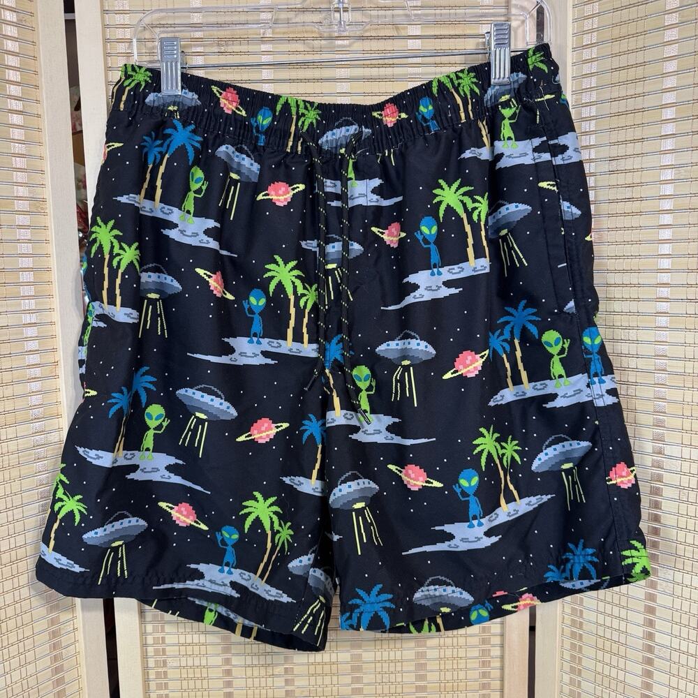 No Boundaries Swim Shorts Men's Size Medium (32-34) Space Aliens Lined Swimwear